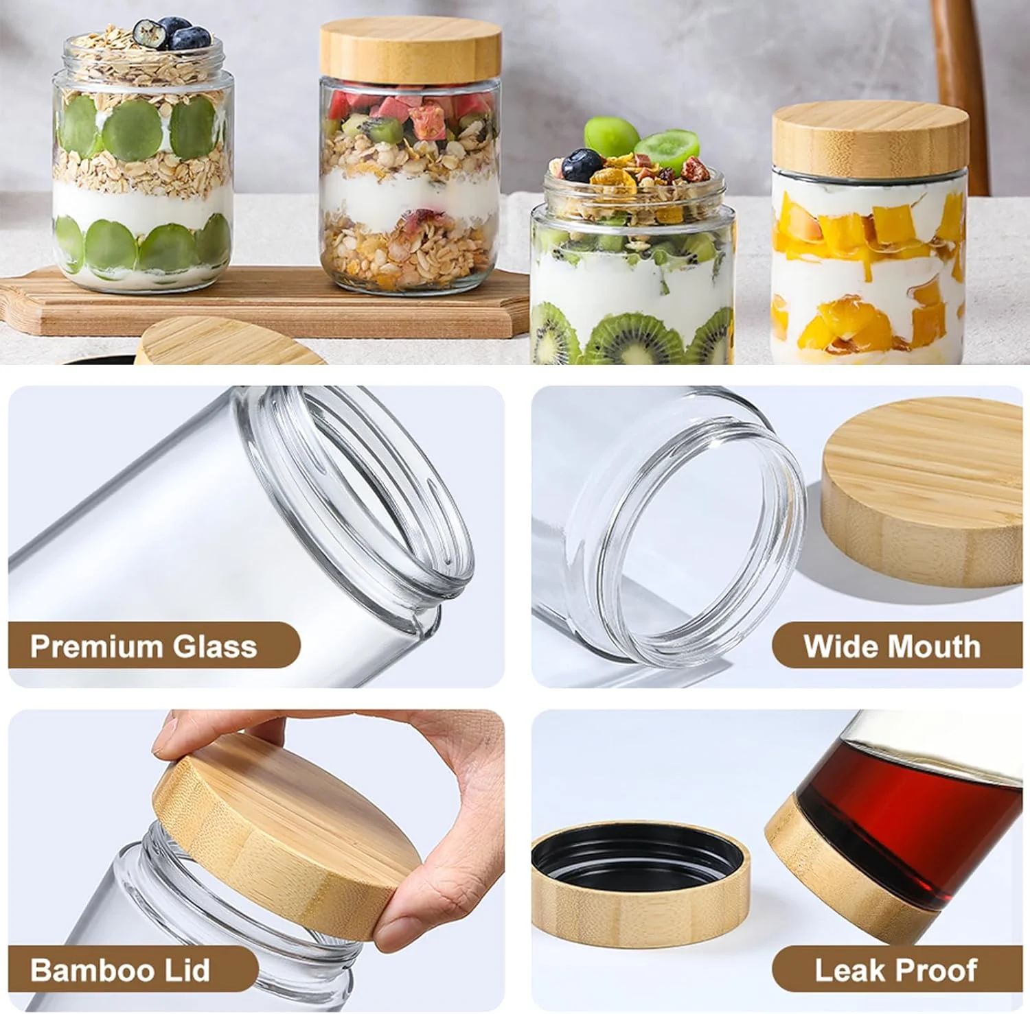 ALANX بسته 4 عددی شیشه های 300 میلی لیتری با درب بامبو، ظروف جو دوسر یک شبه، شیشه های پهن ضد نشت قابل استفاده مجدد، ظروف شیشه ای نگهداری مواد غذایی، برای ماست، شکر، دانه های قهوه، کلوچه و ادویه (4 عدد)