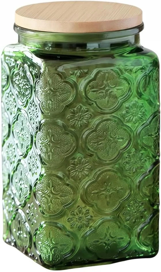 شیشه مربا سبز ANSQU، شیشه مربعی 1000 میلی لیتری با درب، شیشه میسون قدیمی، شیشه آب نبات/ظرف شکر برای قهوه، چای، کلوچه، شیشه تزئینی زیبا برای آشپزخانه (سبز، 1 عدد)