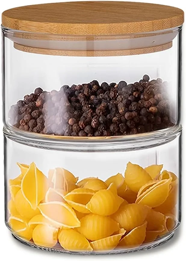 ظرف شیشه ای دو طبقه BLACKSTONE با درب بامبو محکم - 400 میلی لیتر (200 میلی لیتر هر طبقه) BS950