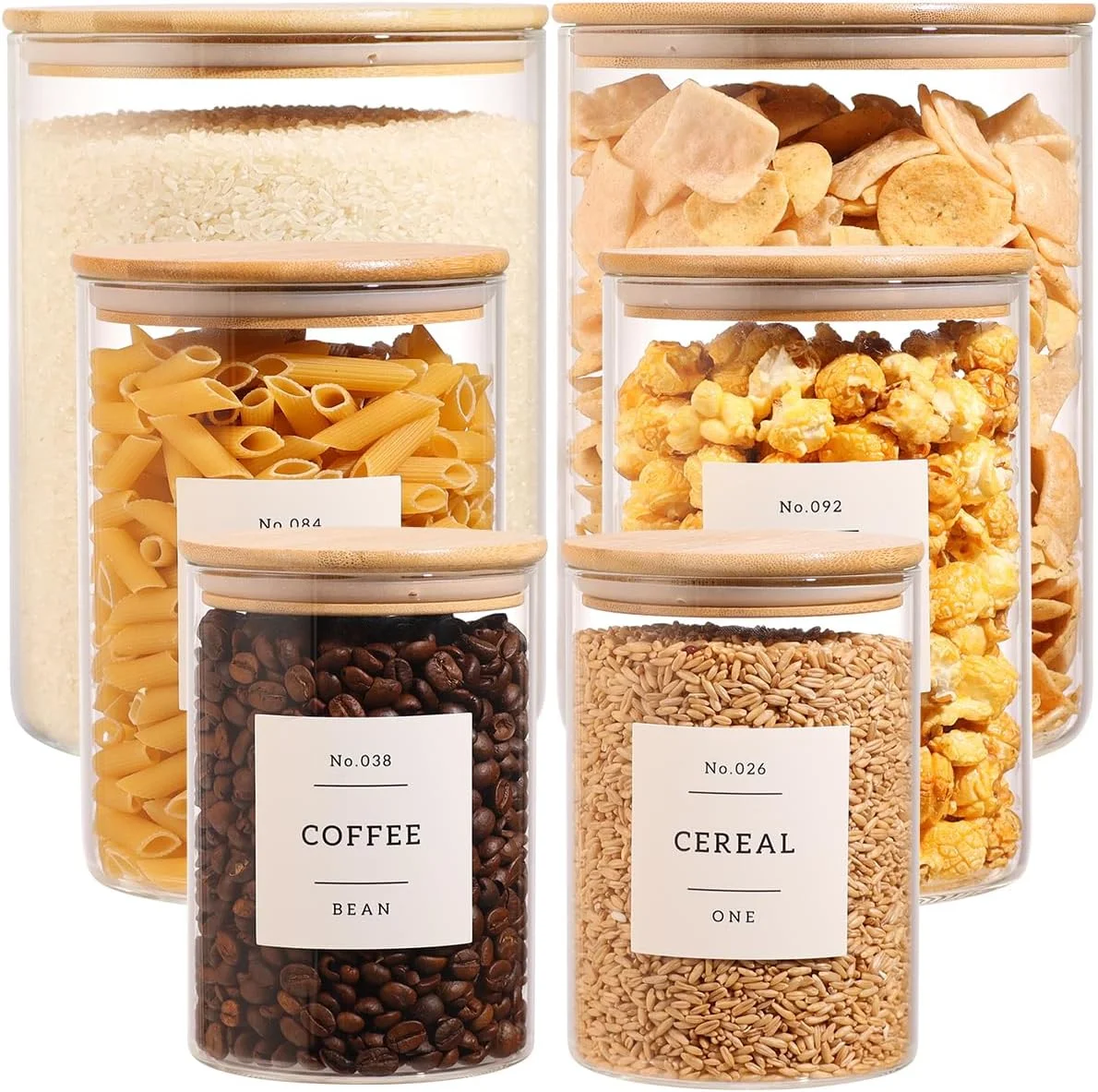 ست 6 عددی ظروف شیشه ای بوروسیلیکات با درب بامبو + شامل 132 برچسب از پیش چاپ شده برای مواد غذایی، ظروف ضخیم و بدون BPA با قابلیت نگهداری هوا برای آرد، شکر، برنج، قابل استفاده در مایکروویو و فریزر (100OZ/54OZ/27OZ)