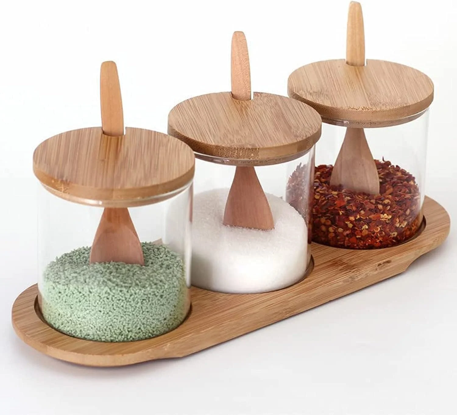 ظروف شیشه ای BLACKSTONE با سینی زیرین و قاشق مدل YK4116، ظروف نگهداری مواد غذایی شیشه ای، ظروف شیشه ای با درب بامبو، مناسب برای آشپزخانه، رستوران ها، کافی شاپ ها، سرو در آنها جذاب به نظر می رسد، ست 3 عددی