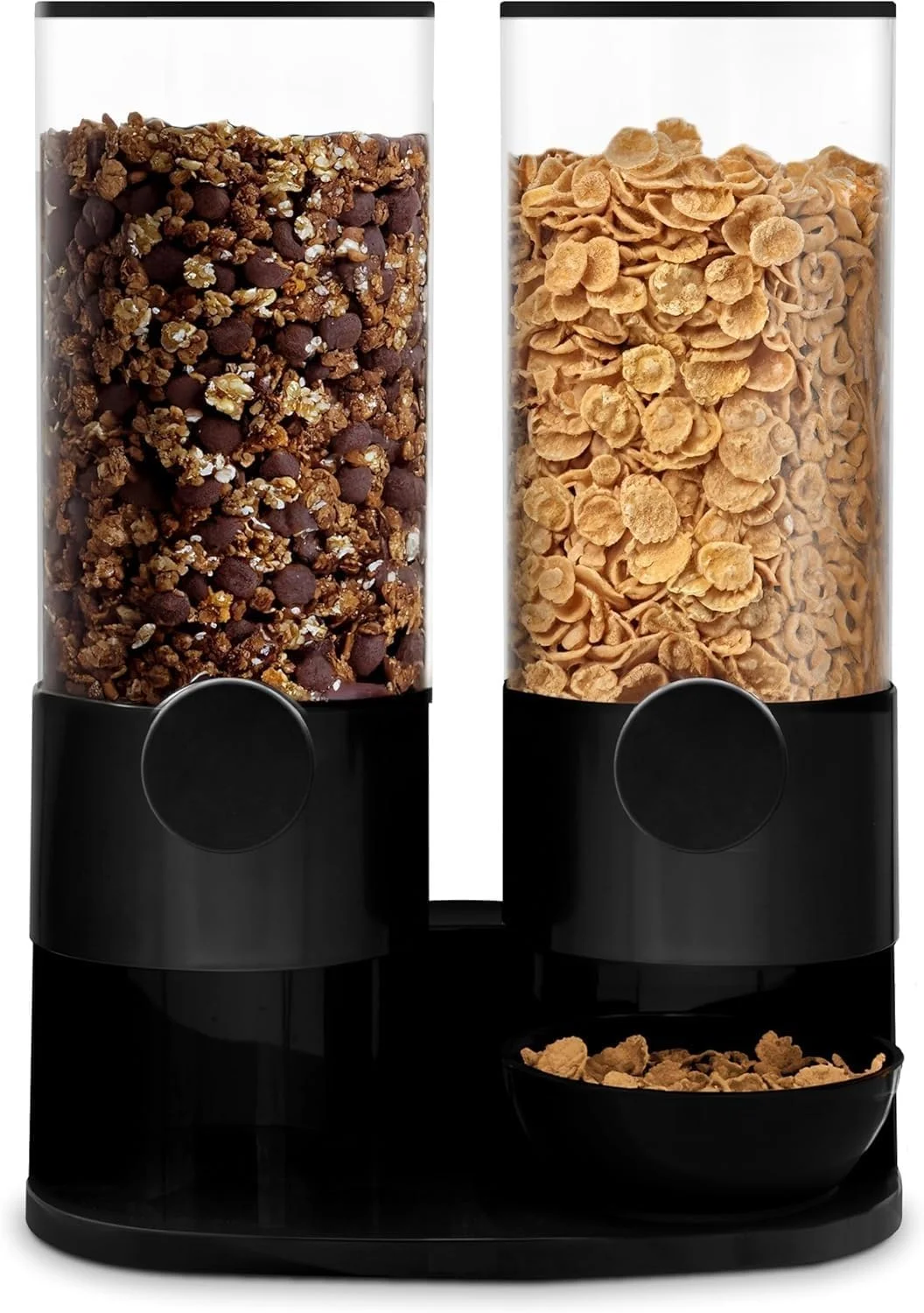 ظرف دوگانه غلات، محفظه کلاسیک نگهداری مواد غذایی خشک، ظرف کنترل کننده پخش مواد غذایی خشک، مناسب برای کورن فلکس، آب نبات، بلغور جو دوسر، غلات، گرانولا - ظرف نگهداری آشپزخانه، مشکی