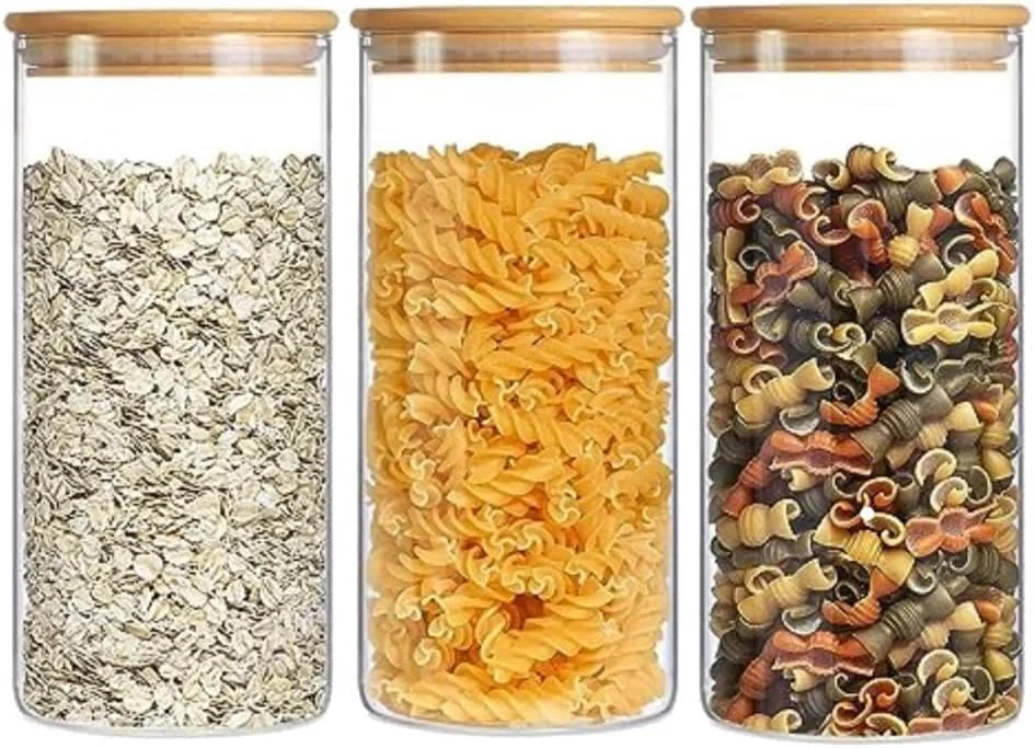 ظروف شیشه ای نگهداری مواد غذایی با درب بامبو و مهر و موم 1500 میلی لیتر، ست ظروف سازماندهی قابل چیدن (ست 3 عددی) (ست 3 عددی 1500 میلی لیتری)