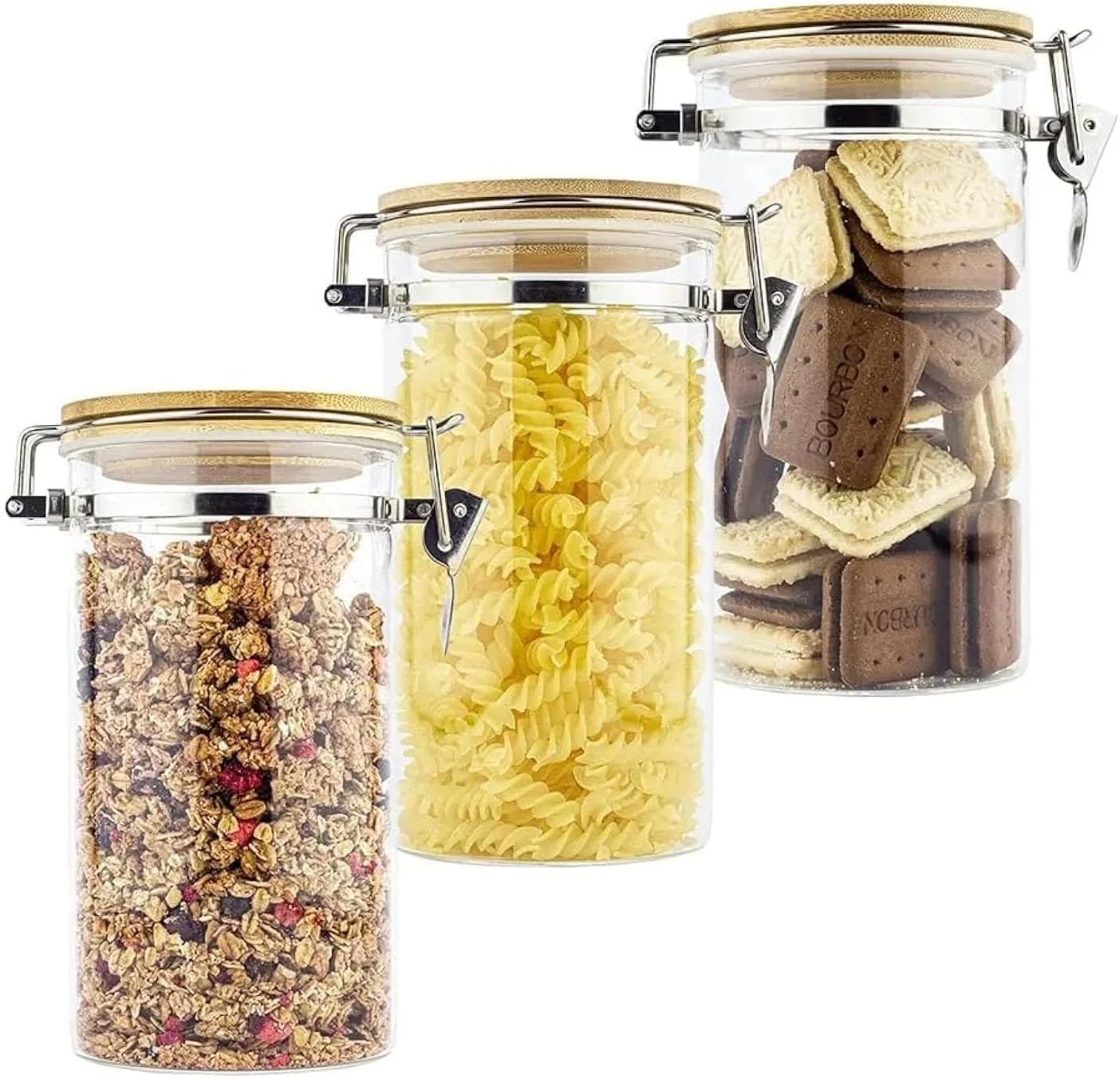 ست 3 عددی ظروف شیشه ای درب کلیپسی با درب چوبی، ظرف نگهدارنده شیشه ای شفاف قابل چیدن، مناسب برای مواد غذایی، شکر و نمک (1400 میلی لیتر)