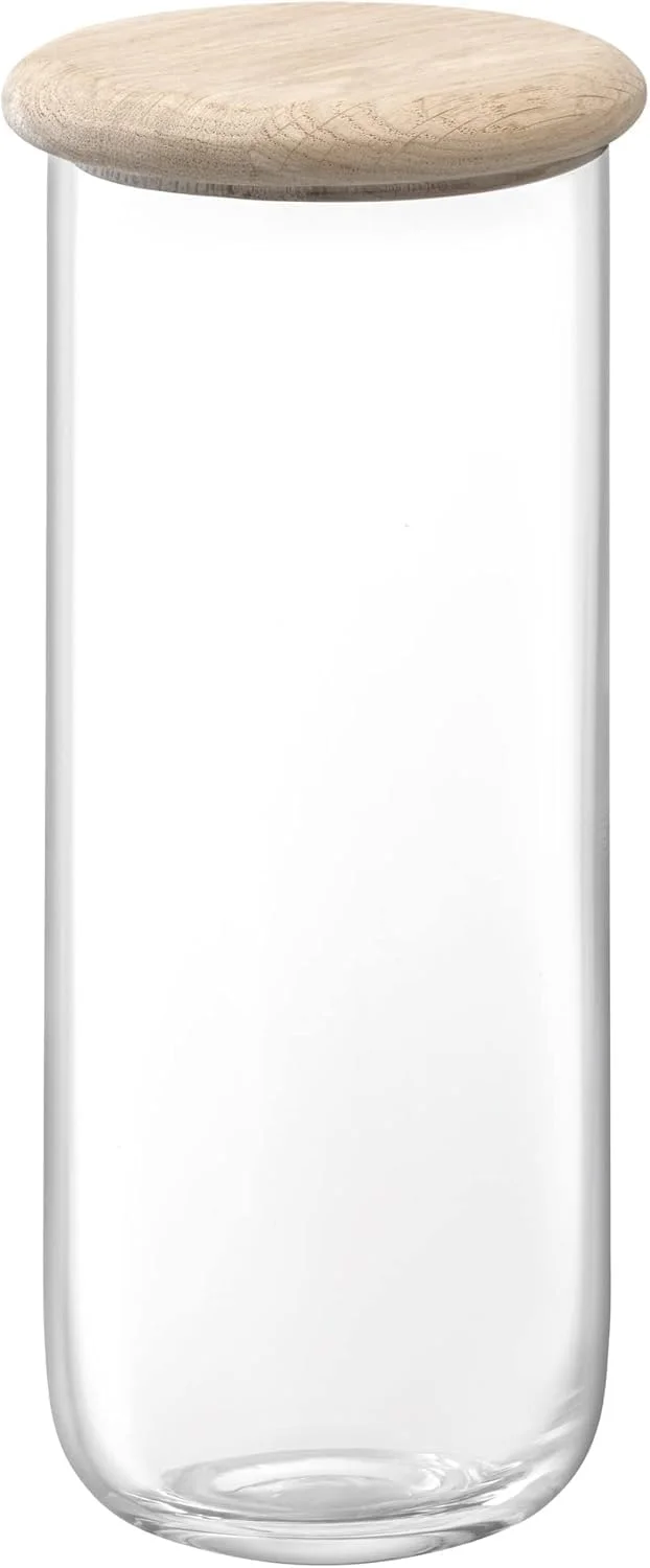 ظرف شیشه ای B&S Dine با درب چوبی بلوط، شفاف، Ø12.5 سانتی متر در ارتفاع 14 سانتی متر، ظرف نگهداری برای آشپزخانه و انبار، قهوه، شکر، چای، تنقلات، پنبه و لوازم جانبی حمام (L12.5cm H28cm)