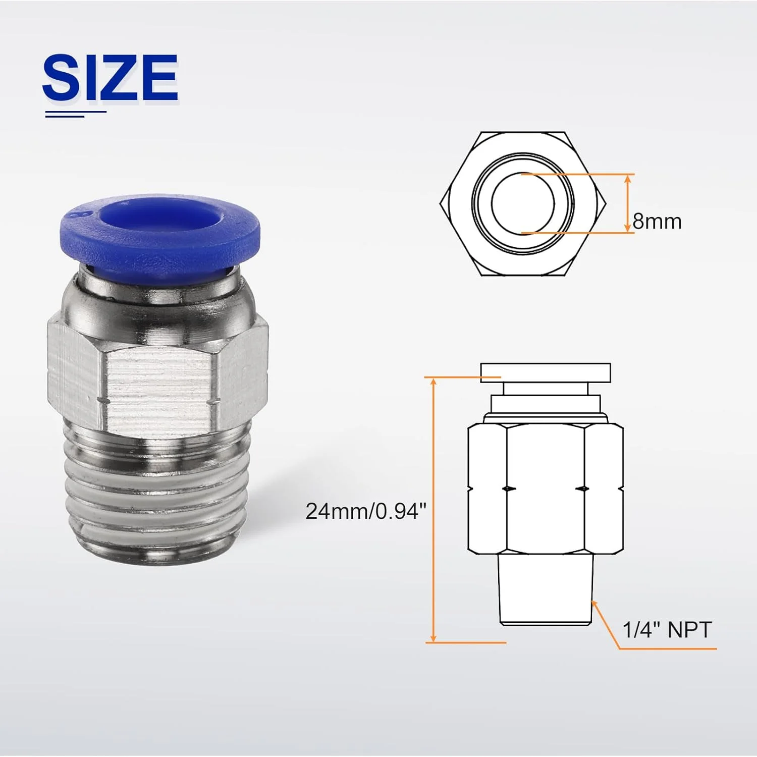 اتصالات فشاری QUARKZMAN، لوله 8 میلی‌متری OD x رزوه 1/4 اینچ NPT، اتصال سریع مستقیم نر، اتصالات شلنگ خط هوای مسی برای سیستم هوای صنعتی PC8-N02، آبی