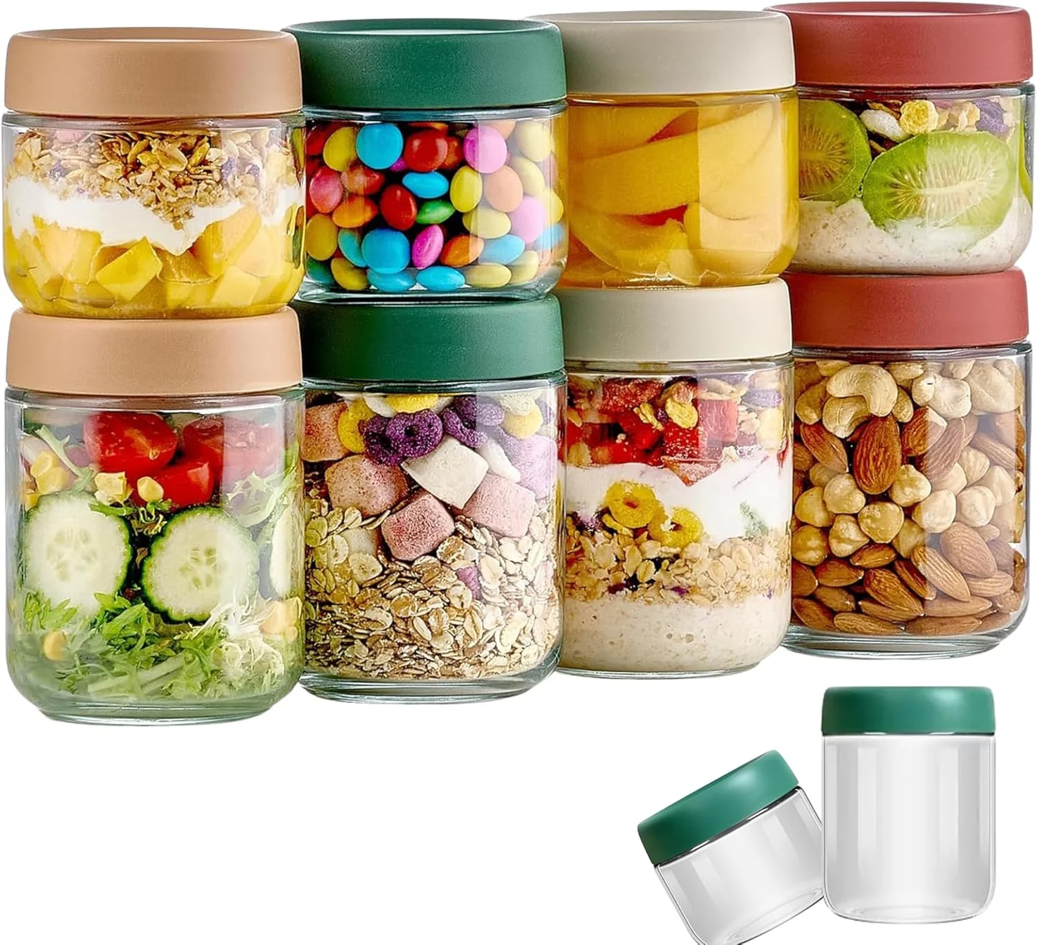 مجموعه 8 عددی شیشه های شیشه ای میزنایا با درب های پیچی محکم، شیشه های میسون 473 میلی لیتری و 295 میلی لیتری برای اوت میل شبانه، آماده سازی غذا، غذای کودک، سالاد و ظروف نگهداری مواد غذایی