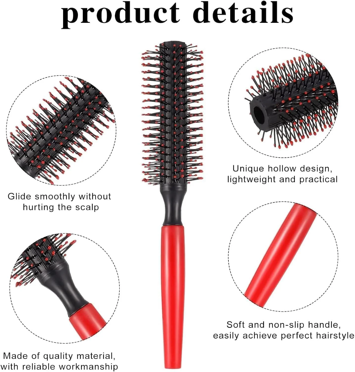 برس گرد حالت دهنده موی حرفه ای با دسته لاستیکی قرمز - برس موی صاف و براق، برس موی فر ایده آل برای آقایان و آرایشگران