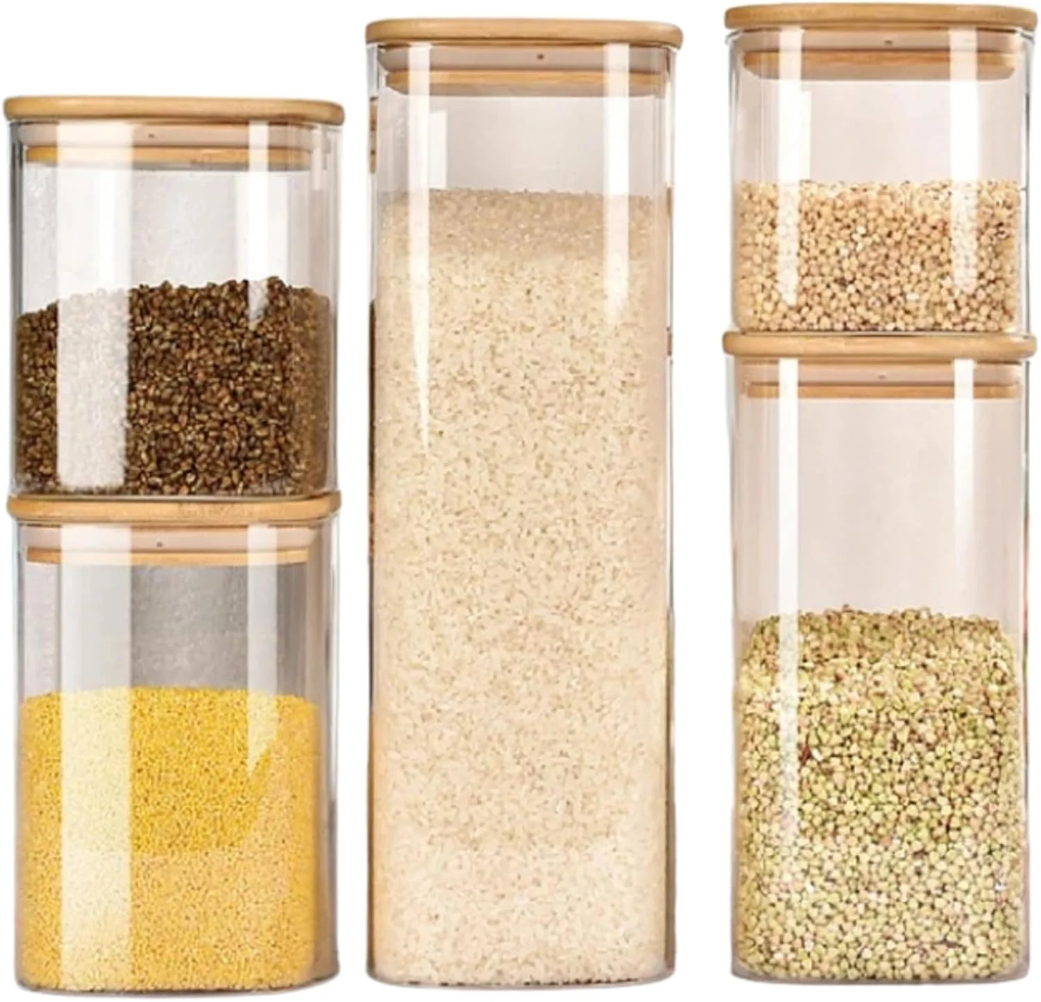 ست 5 تایی ظروف شیشه ای مربعی با درب های هواگیر - ظروف نگهداری مواد غذایی شیشه ای شفاف برای سازماندهی آشپزخانه - ظروف قابل پر کردن مجدد برای ادویه جات، شکر، قهوه، چای، تنقلات، مواد خشک و پخت