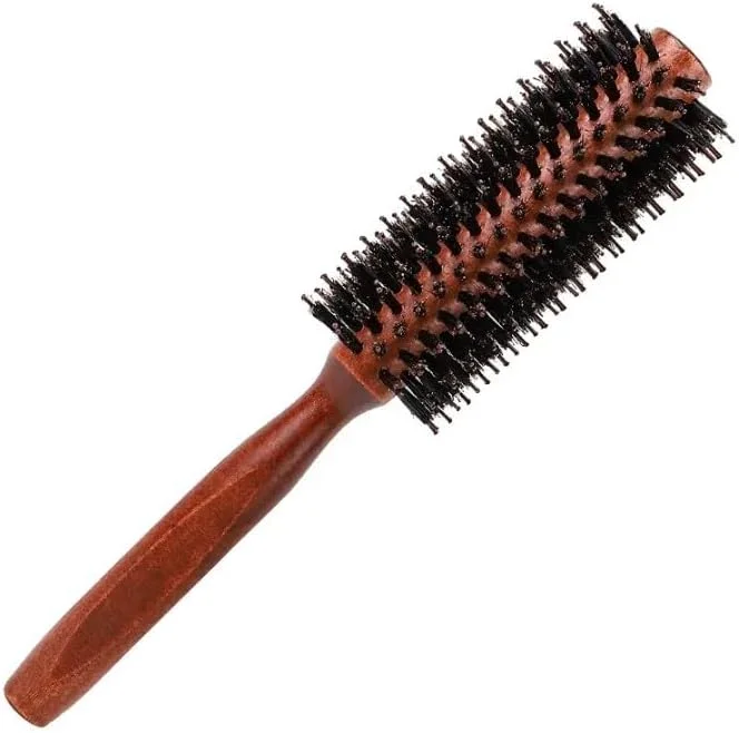 برس گرد برای خشک کردن مو، برس موی گرد با موهای گراز و بدنه چوبی، حجم دهنده، حالت دهنده، فر کننده و مناسب برای موهای فر، موج دار، ضخیم یا نازک مردانه و زنانه