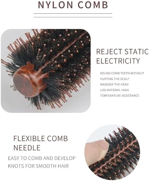 برس گرد برای خشک کردن مو، برس موی گرد با موهای گراز و بدنه چوبی، حجم دهنده، حالت دهنده، فر کننده و مناسب برای موهای فر، موج دار، ضخیم یا نازک مردانه و زنانه