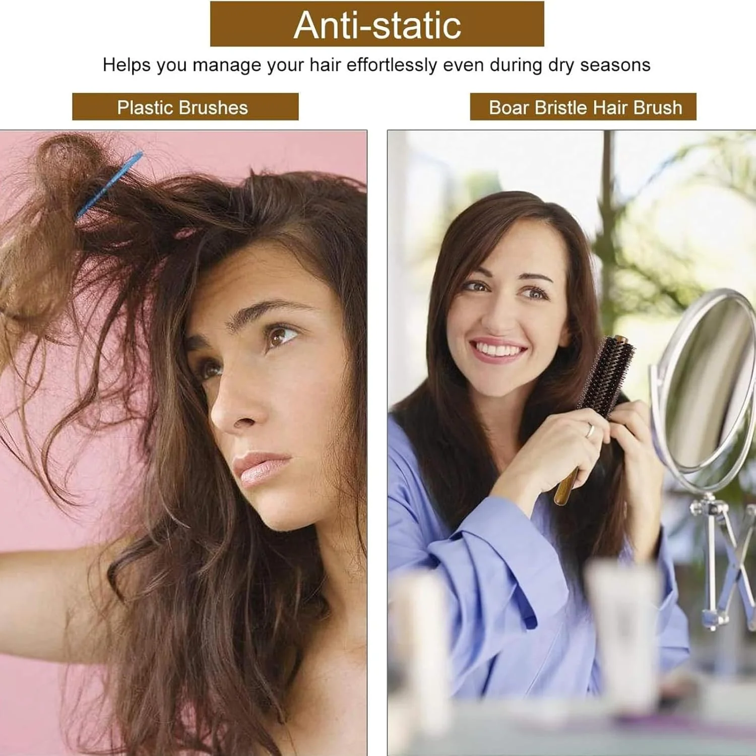 برس مو گرد با پین نایلونی، برس مسافرتی طبیعی گرد قابل حمل با دسته چوبی، برس مو ضد الکتریسیته ساکن برای حالت دادن، خشک کردن و فر کردن مو