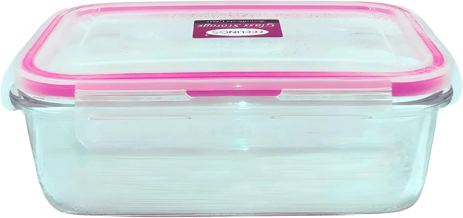 ظرف نگهداری مستطیلی شیشه ای فیلینگز 1000 میلی لیتر - ظرف غذای درب دار با درب صورتی ضد نشت | جعبه آماده سازی غذا، مناسب مایکروویو و فریزر