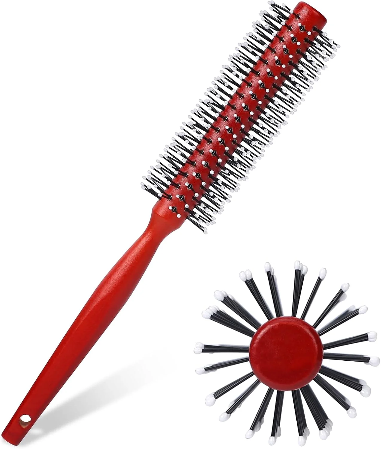 برس مو گرد کوچک برای خشک کردن مو، برس حالت دهنده فر کننده کوچک با موهای نایلونی نوک توپی و دسته چوبی، غلتک کوچک کوئیف برای موهای کوتاه، موهای نازک، چتری، لیفتینگ، حالت دادن، ریش (قرمز)