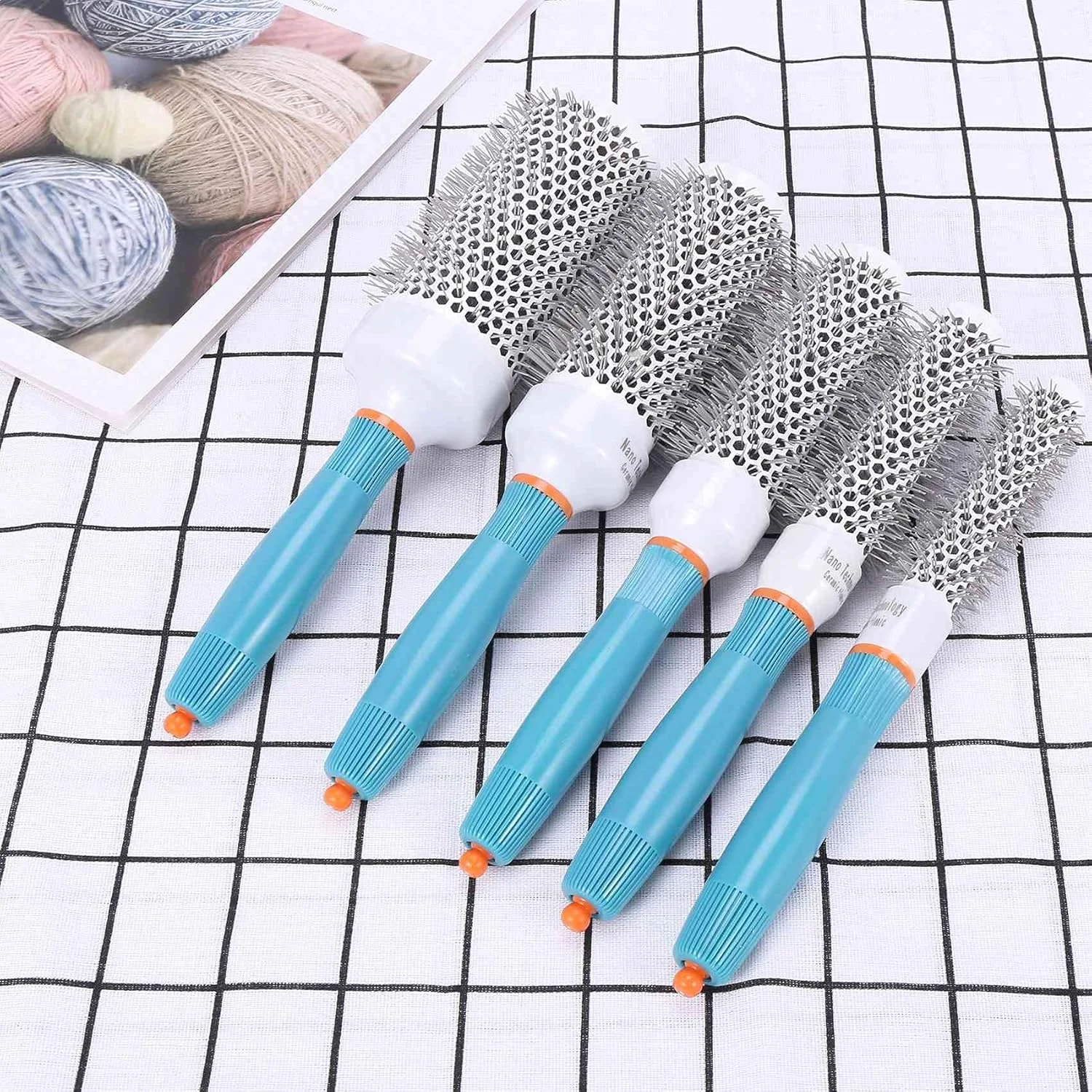 ست برس مو گرد سرامیکی یونی Smallterm مناسب آرایشگری، آرایشگاه، حالت دهی و فر کردن مو (19mm 25mm 32mm 45mm 53mm) (آبی)