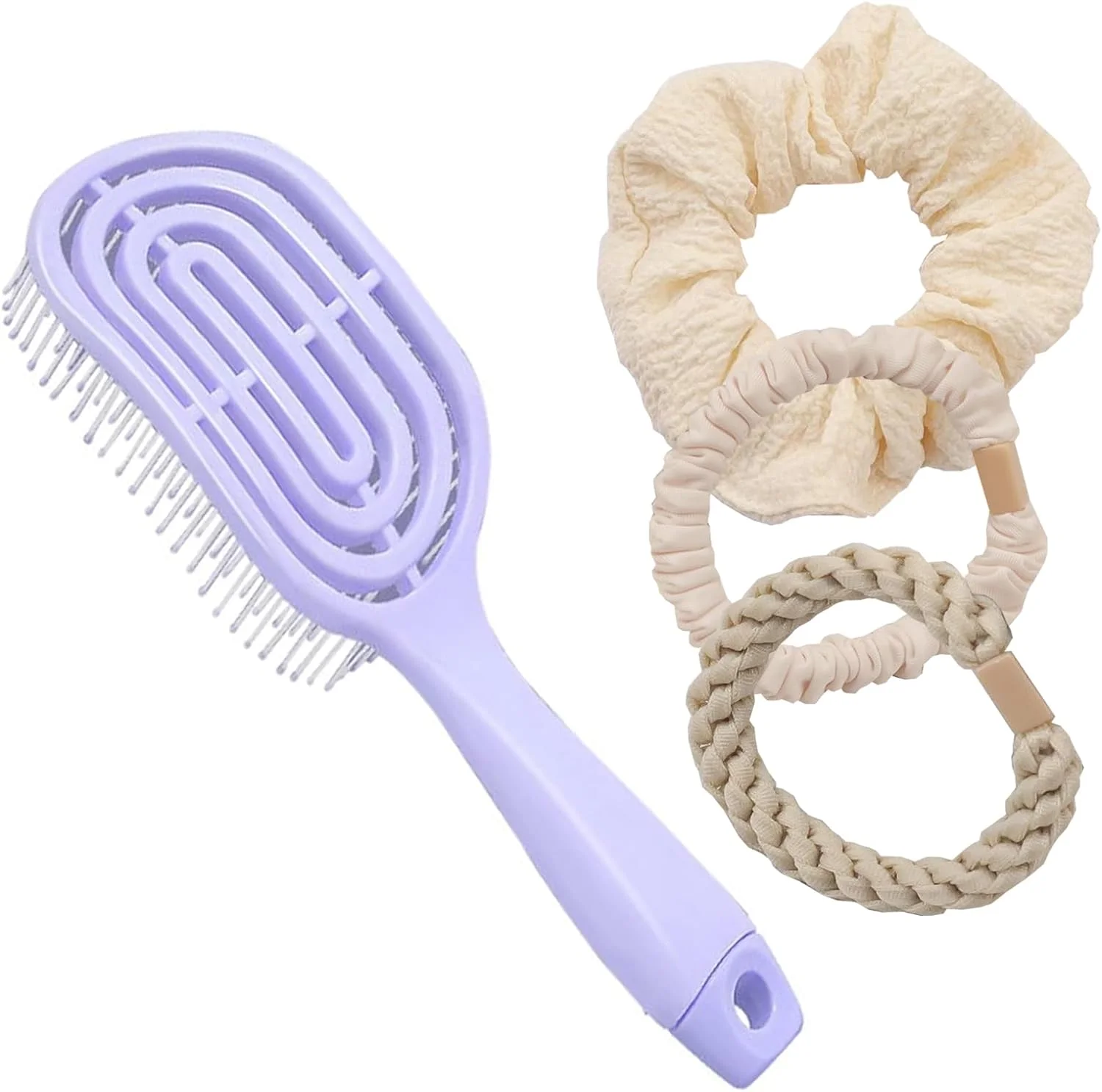 برس مو SNZ بدون کشیدن (همراه با 3 عدد کش مو)، برس باز کننده گره مناسب برای موهای فر و بلند زنان و مردان، برس فر کننده پایدار، برس مو - بنفش روشن