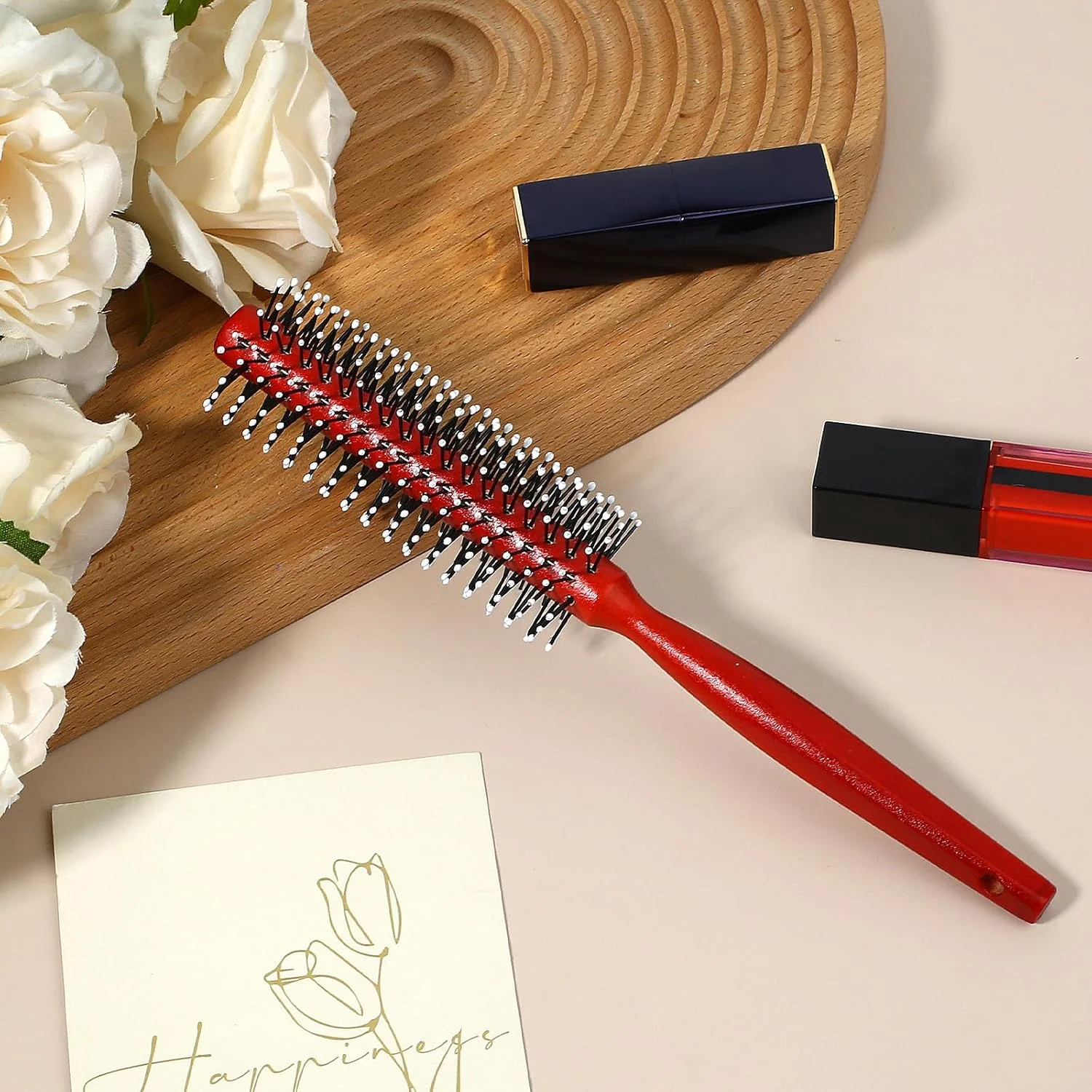 برس مو گرد کوچک برای خشک کردن مو، برس حالت دهنده فر کننده کوچک با موهای نایلونی نوک توپی و دسته چوبی، غلتک کوچک کوئیف برای موهای کوتاه، موهای نازک، چتری، لیفتینگ، حالت دادن، ریش (قرمز)