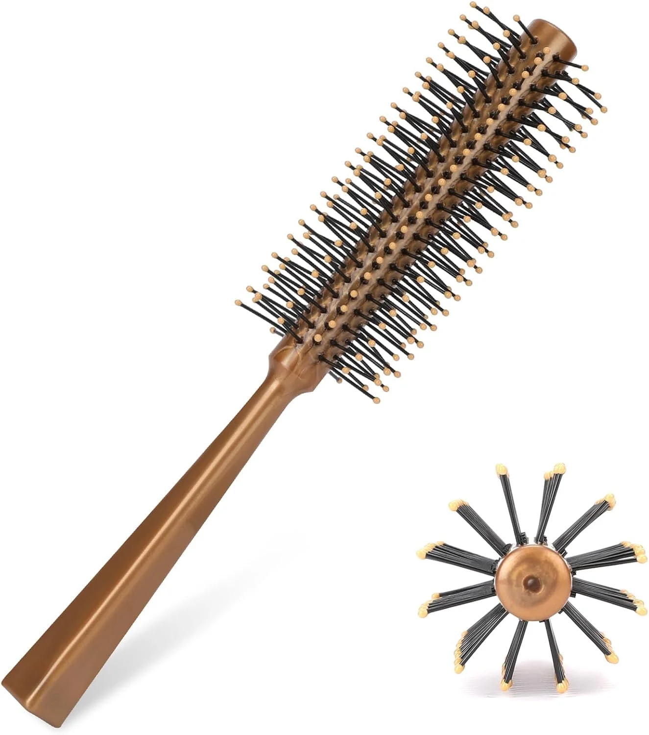 برس مو گرد کوچک برای خشک کردن با سشوار، برس مینی کوئیف طلایی با نایلون، برس حالت دهنده گرد برای موهای کوتاه، چتری و ریش (1 عدد)