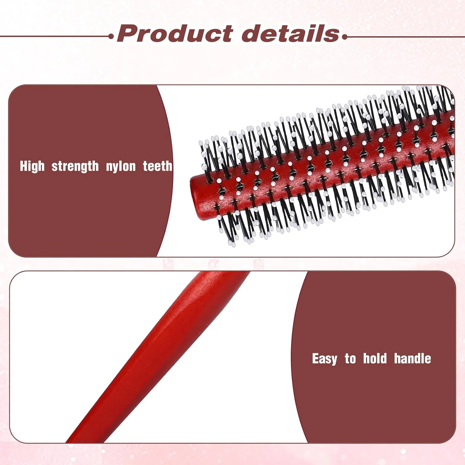 برس مو گرد کوچک برای خشک کردن مو، برس حالت دهنده فر کننده کوچک با موهای نایلونی نوک توپی و دسته چوبی، غلتک کوچک کوئیف برای موهای کوتاه، موهای نازک، چتری، لیفتینگ، حالت دادن، ریش (قرمز)