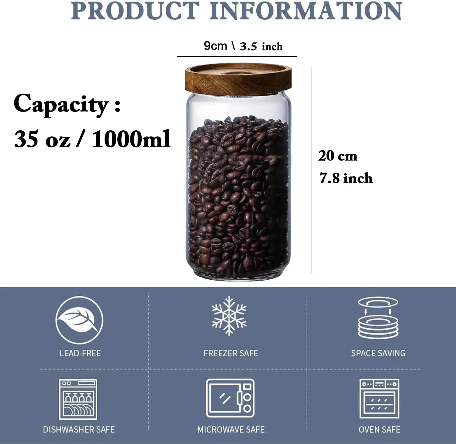 ست 3 عددی ظروف شیشه ای درب چوبی آکاسیا GGEROU، ظروف آشپزخانه شیشه ای بوروسیلیکات، ظروف شیشه ای برای سازماندهی آشپزخانه و انبار، ایده آل برای قهوه، آجیل، کلوچه (1000 میلی لیتر)