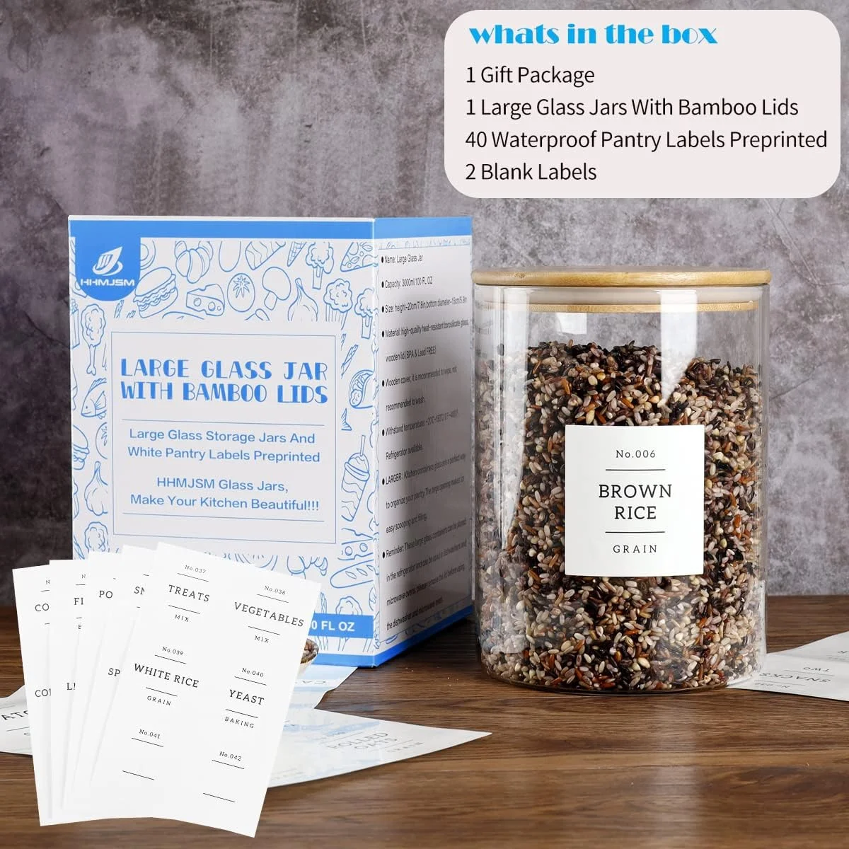 HMJSM ظروف شیشه ای بزرگ با درب بامبو محکم - ظرف نگهداری مواد غذایی شیشه ای ضخیم آشپزخانه 3000 میلی لیتری با 42 برچسب انبار - ظروف بزرگ شفاف آرد و شکر مناسب خانه های روستایی