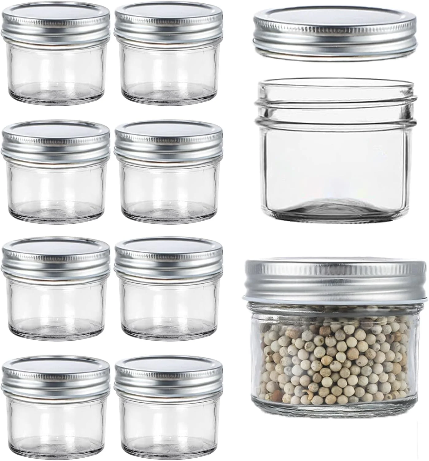 شیشه های مربا کوچک HIHIDAY، شیشه های کنسرو کوچک 100 میلی لیتری با درب، شیشه های شیشه ای کوچک مهر و موم شده شفاف با دهانه گشاد ایده آل برای نگهداری مواد غذایی، مربا، ادویه، شمع، عسل، عروسی (شفاف) 10 عدد