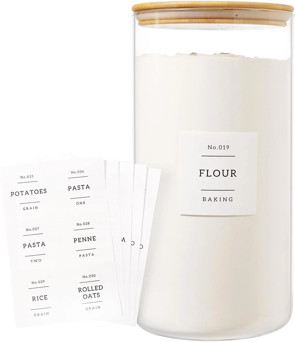 ظرف نگهداری غلات شیشه ای بزرگ 1.2 گالنی HHMJSM با درب بامبو هواگیر - ظروف شیشه ای آشپزخانه با 42 برچسب انبار - ظروف ضخیم و بزرگ شفاف برنج و آرد برای انبار شما