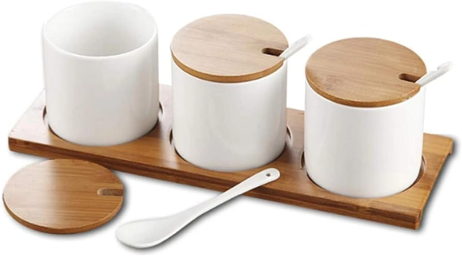 ست 3 تایی ظروف سرامیکی نگهداری مواد غذایی HOMETASTE با درب بامبو - ظروف آشپزخانه و نگهداری چای
