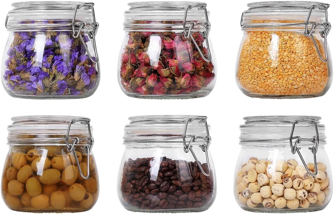 ست 6 تایی ظروف شیشه ای درب دار HOOJO® - ظروف گرد 500 میلی لیتری برای نگهداری مواد غذایی با درب گیره ای و واشر درزگیر - مناسب برای آشپزخانه، ادویه جات، شکر، پاستا، قهوه، حبوبات و تنقلات