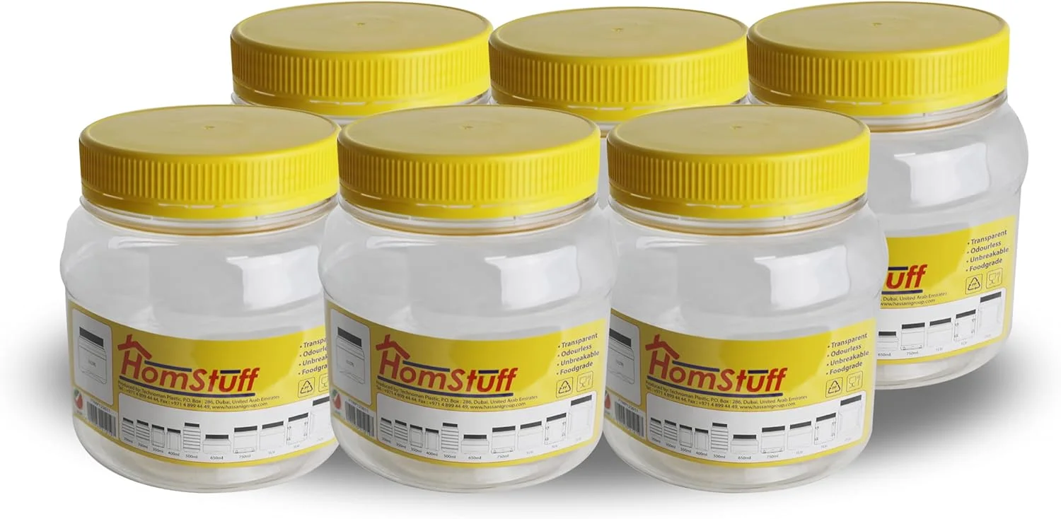 ظرف درب گرد هوم‌استاف 1000 میلی‌لیتری، ست 6 عددی ظروف نگهداری 1000 میلی‌لیتری، ظرف شفاف برای نگهداری حبوبات، غلات، مواد غذایی خشک و ادویه جات برای نظم دهی آشپزخانه