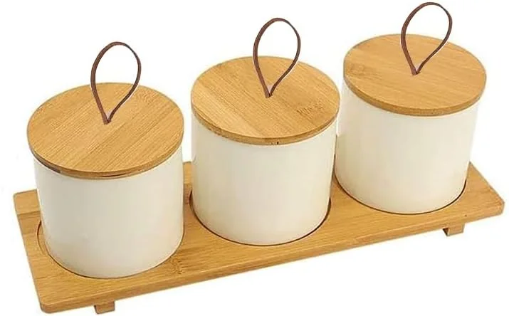 ست ظروف چاشنی سرامیکی ممتاز HOMETASTE با درب بامبو - ظروف نگهداری مواد غذایی دربسته برای ادویه جات، قهوه، شکر، آجیل - سازمان دهنده شیک آشپزخانه - ست 3 عددی