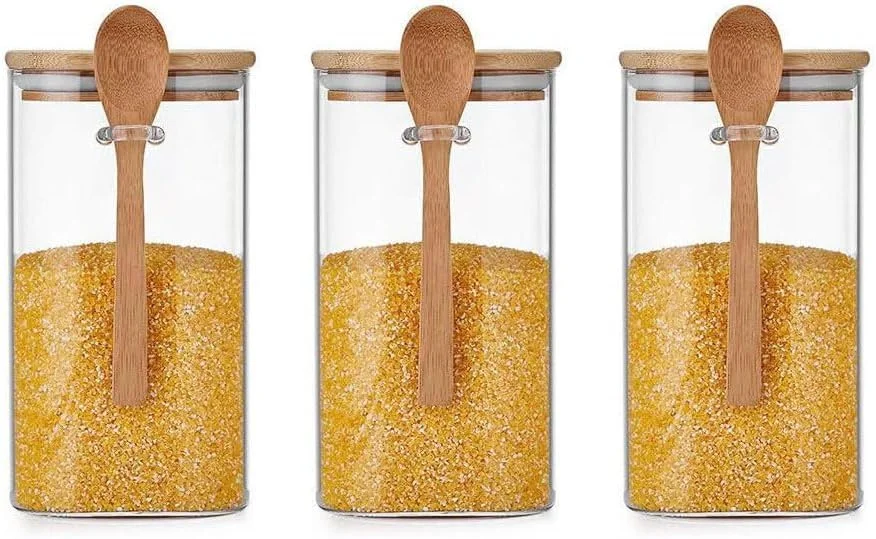 ست 3 عددی ظروف شیشه ای ذخیره سازی IEW، ظروف شیشه ای 1200 میلی لیتری با درب و قاشق بامبو، ظروف ادویه جات ضد هوا برای انبار آشپزخانه، ظروف غذا برای غلات چای آب نبات رشته شکر، ظروف نمک