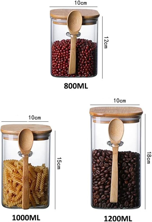 ست 3 عددی ظروف شیشه ای ذخیره سازی IEW، ظروف شیشه ای 1200 میلی لیتری با درب و قاشق بامبو، ظروف ادویه جات ضد هوا برای انبار آشپزخانه، ظروف غذا برای غلات چای آب نبات رشته شکر، ظروف نمک