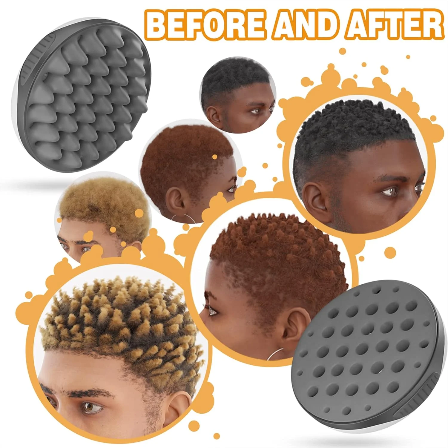 WTTORDE Silicone Hair Brush, Gray - Curly Hair Brush with Double-Sided Use, Different Sized Holes for Curling Afro and Short Hair, Non-Slip Twist Curl Comb for Men and Women, Travel Size