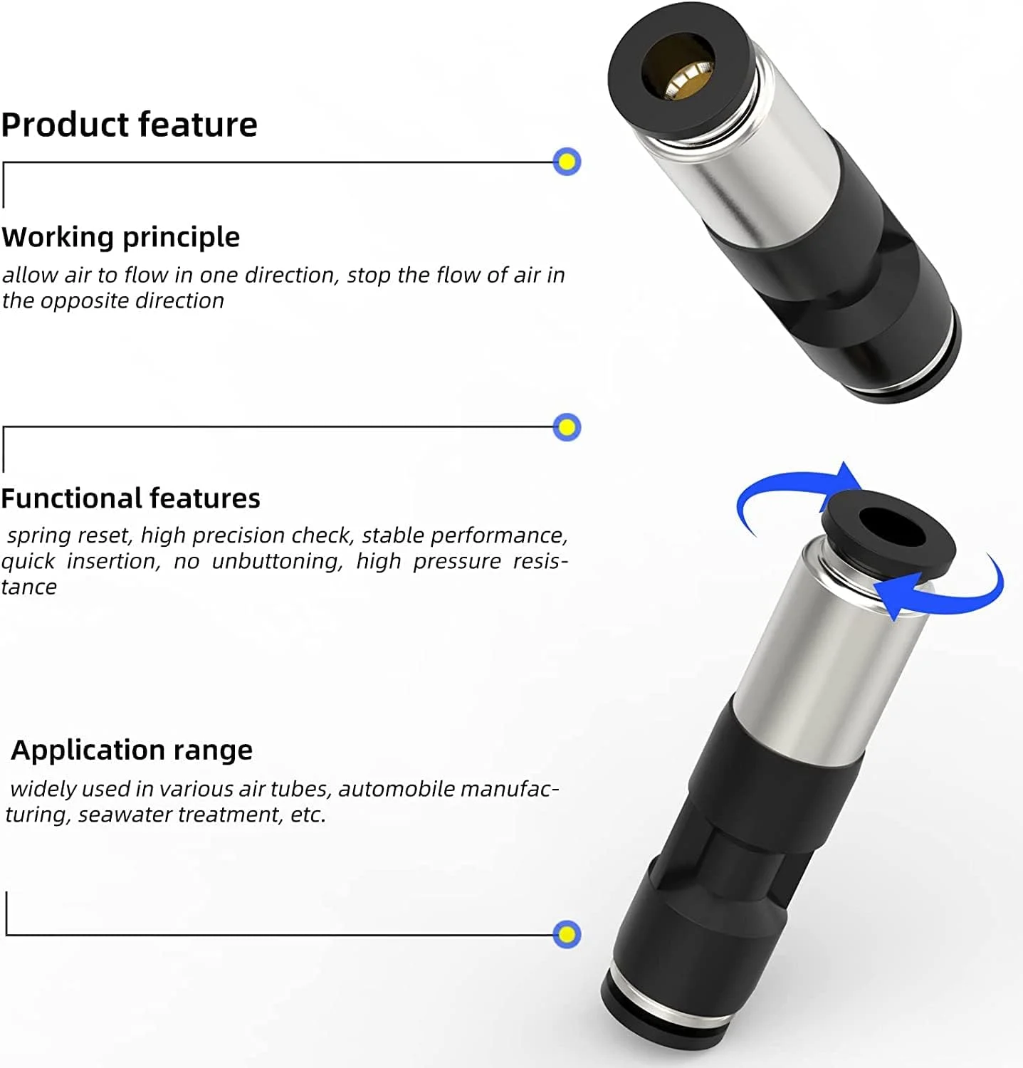 TAILONZ PNEUMATIC 8 mm black check valve with quick release for gas pipes, SPU check valve, 5 pieces
