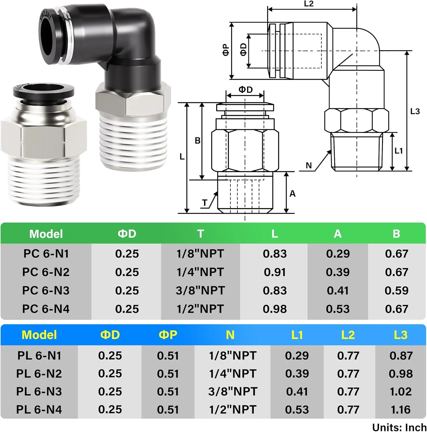 اتصالات پنوماتیک TAILONZ، ترکیبی از زانویی و مستقیم، لوله 6 میلی‌متری OD x رزوه 1/4 اینچ NPT، اتصالات فشاری PC6-N2+PL6-N2 (بسته 12 عددی)