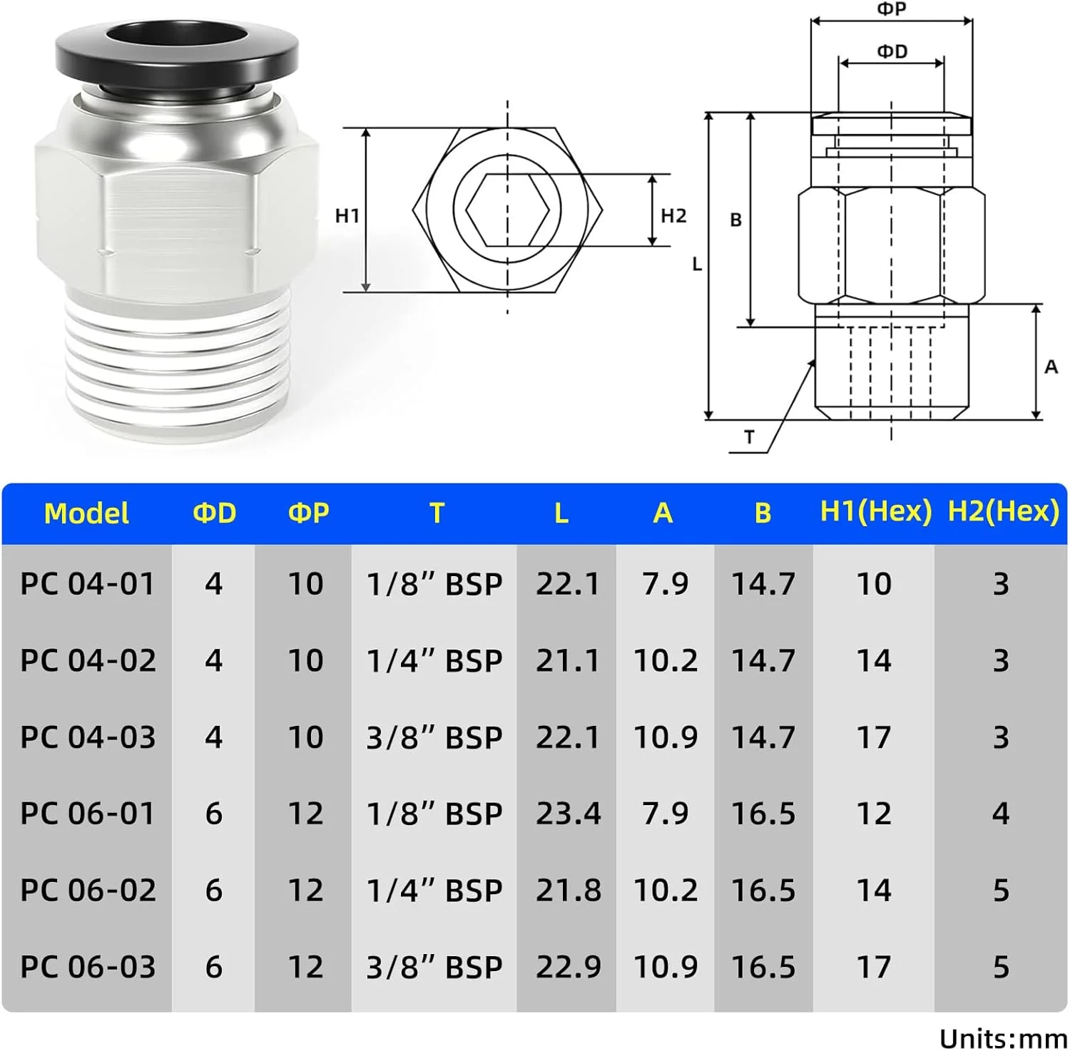 اتصالات پنوماتیک TAILONZ، نر مسی مستقیم، لوله 4 میلی‌متری OD x 1/4 BSP، اتصال فشاری PC4-02 (بسته 2 عددی)