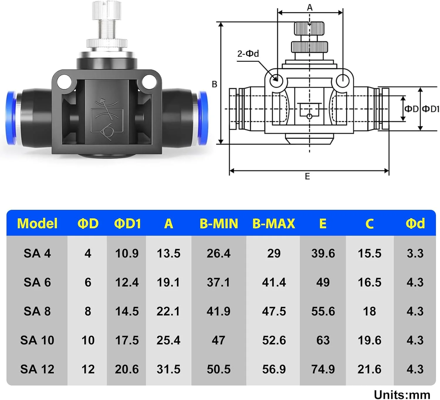 شیر کنترل جریان هوای پنوماتیک TAILONZ با اتصال فشاری، کنترل کننده سرعت خطی مستقیم - لوله 8 میلی متر OD x لوله 8 میلی متر OD مدل LSA-8 (بسته 5 عددی)