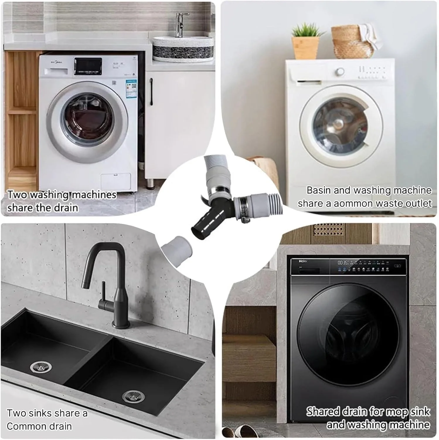 تبدیل Y شکل شلنگ تخلیه ماشین لباسشویی یونیورسال - اتصالات، جداکننده شلنگ، رابط پلاستیکی برای اتصال لوله دوتایی، آداپتور سه طرفه با بست شلنگ برای استفاده در حمام و آشپزخانه (2 عدد)