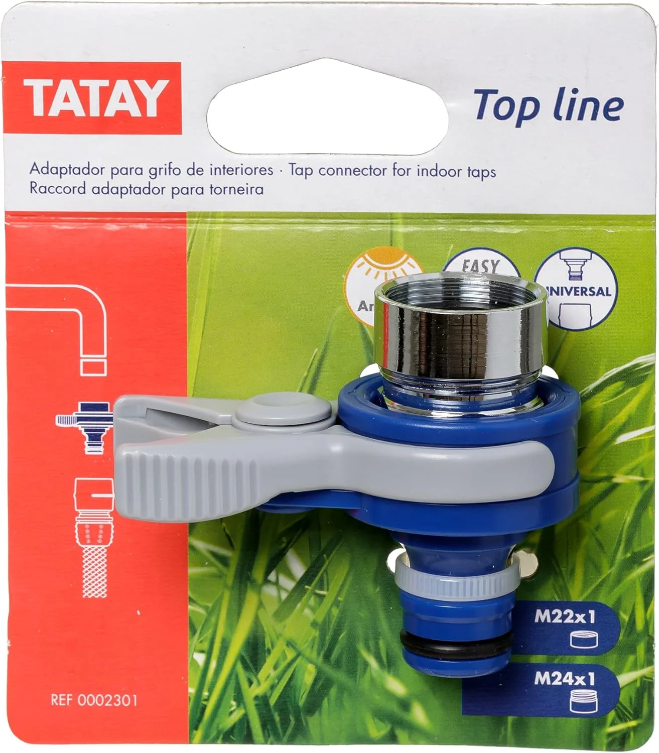 آداپتور شیر آب داخلی تاتای مدل یونیورسال تاپ لاین، رزوه خارجی 24 میلی متر، رزوه داخلی 22 میلی متر، اتصال دهنده جهانی، محافظت در برابر نور خورشید، نصب آسان، آبی.