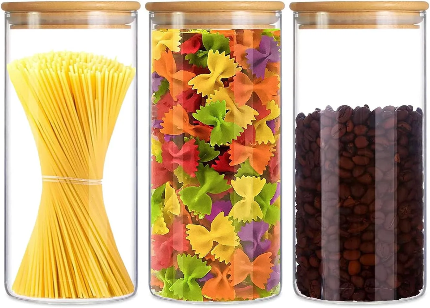 ظروف شیشه ای ذخیره سازی خزنه با درب 1000 میلی لیتر مجموعه 3 عددی - ظروف غذای آشپزخانه دربسته شیشه ای بوروسیلیکات بالا، استوانه ای شفاف با درب بامبو برای کنسرو کردن غلات و پاستا