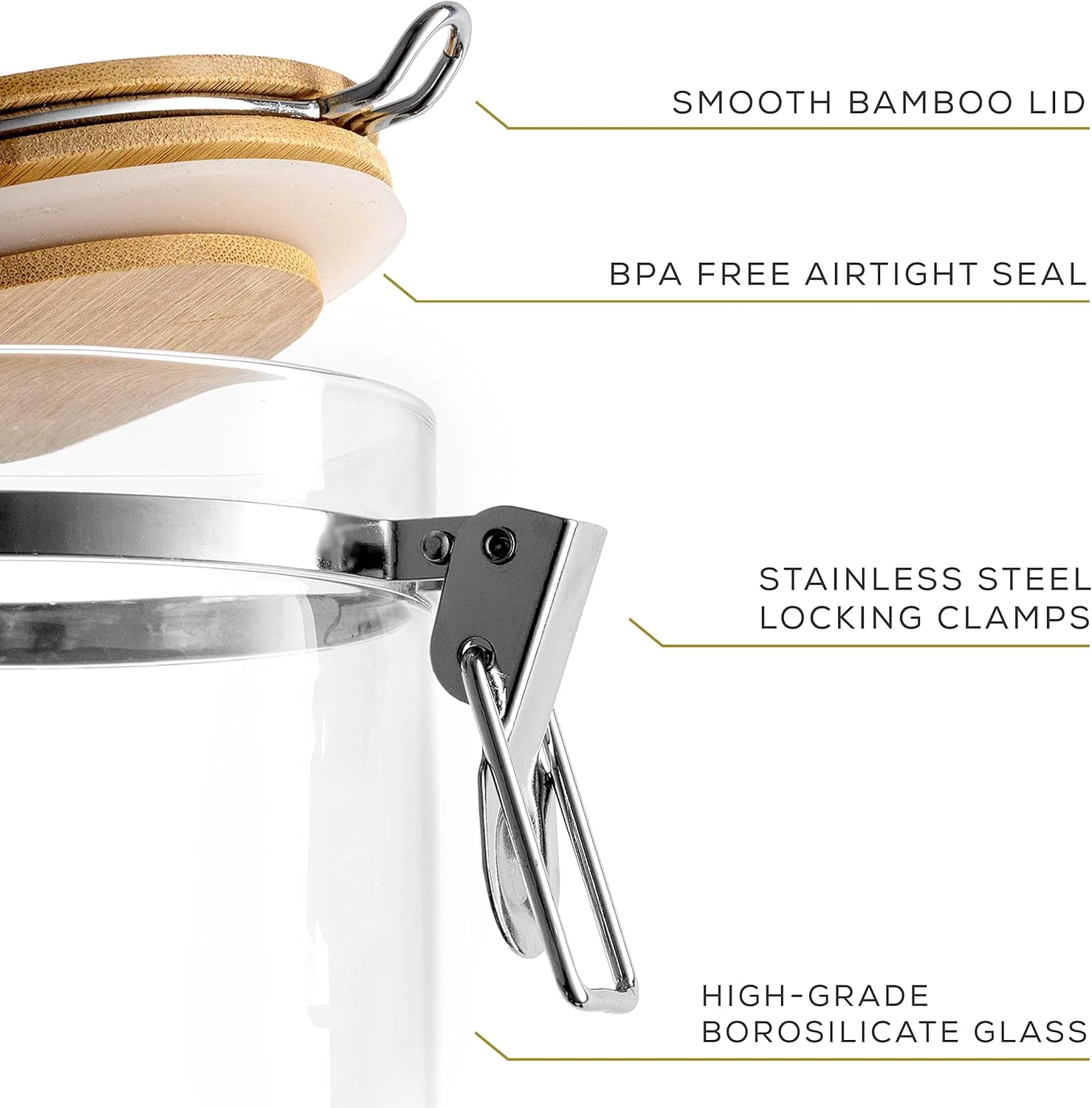 ظروف شیشه ای بوروسیلیکات JoyJolt با درب بامبو (798 میلی لیتر). ست 2 عددی ظروف نگهداری درب دار با بست برای نگهداری مواد غذایی در کابینت. ظروف درب دار و غیر قابل نفوذ هوا برای نظم دهی آشپزخانه.