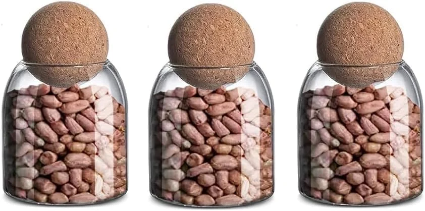 ست 3 عددی شیشه ای با توپ چوب پنبه ای - شیشه جادو - شیشه نگهداری - شیشه ادویه گرد - دانه قهوه - بطری های شیشه ای گرد با درب چوب پنبه ای (400 میلی لیتر)