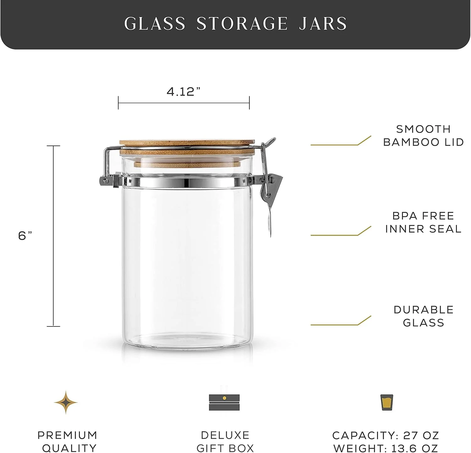 ظروف شیشه ای بوروسیلیکات JoyJolt با درب بامبو (798 میلی لیتر). ست 2 عددی ظروف نگهداری درب دار با بست برای نگهداری مواد غذایی در کابینت. ظروف درب دار و غیر قابل نفوذ هوا برای نظم دهی آشپزخانه.