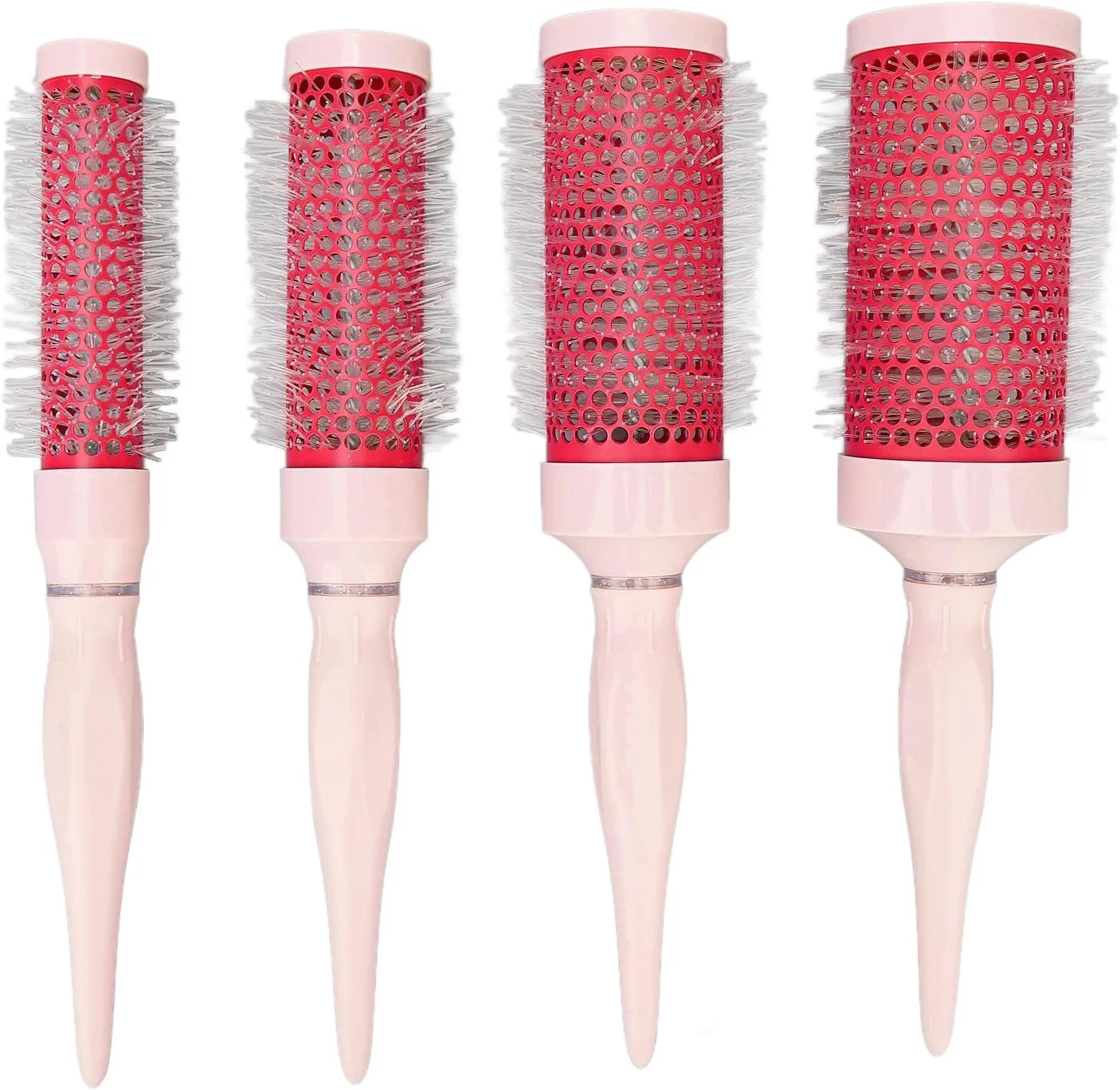 ست برس فر کننده مو صورتی رز، ست 4 عددی برس موی گرد نایلونی خشک کننده سریع، برس مو برای حالت دادن و فر کردن مو با سشوار، برس گرد چرخشی برای سالن منزل، ابزار برس مو