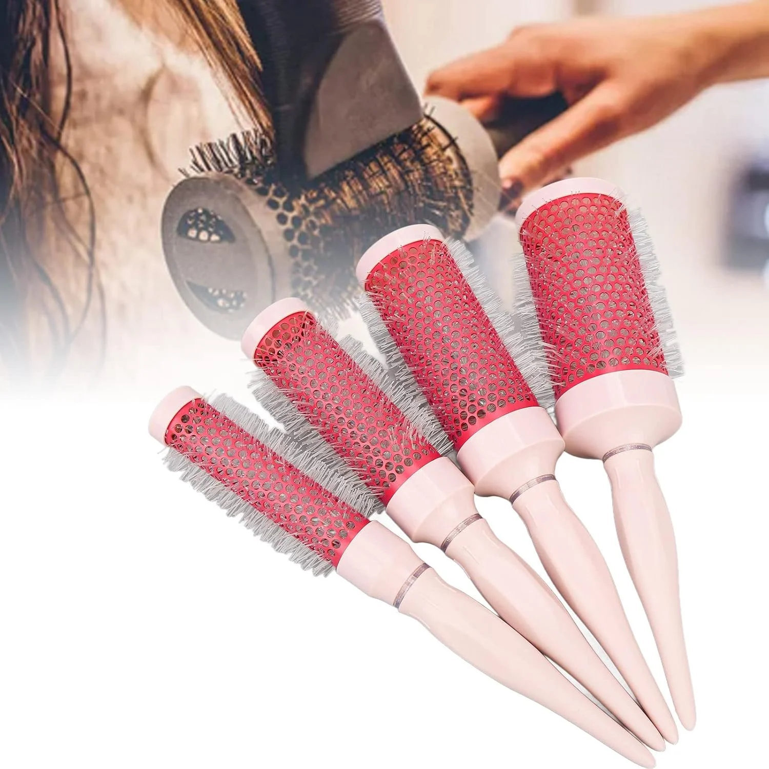 ست شانه فر کننده صورتی رز، ست برس موی گرد نایلونی خشک شونده سریع، ست برس گرد فر کننده، ست برس گرد فر کننده برای خانه