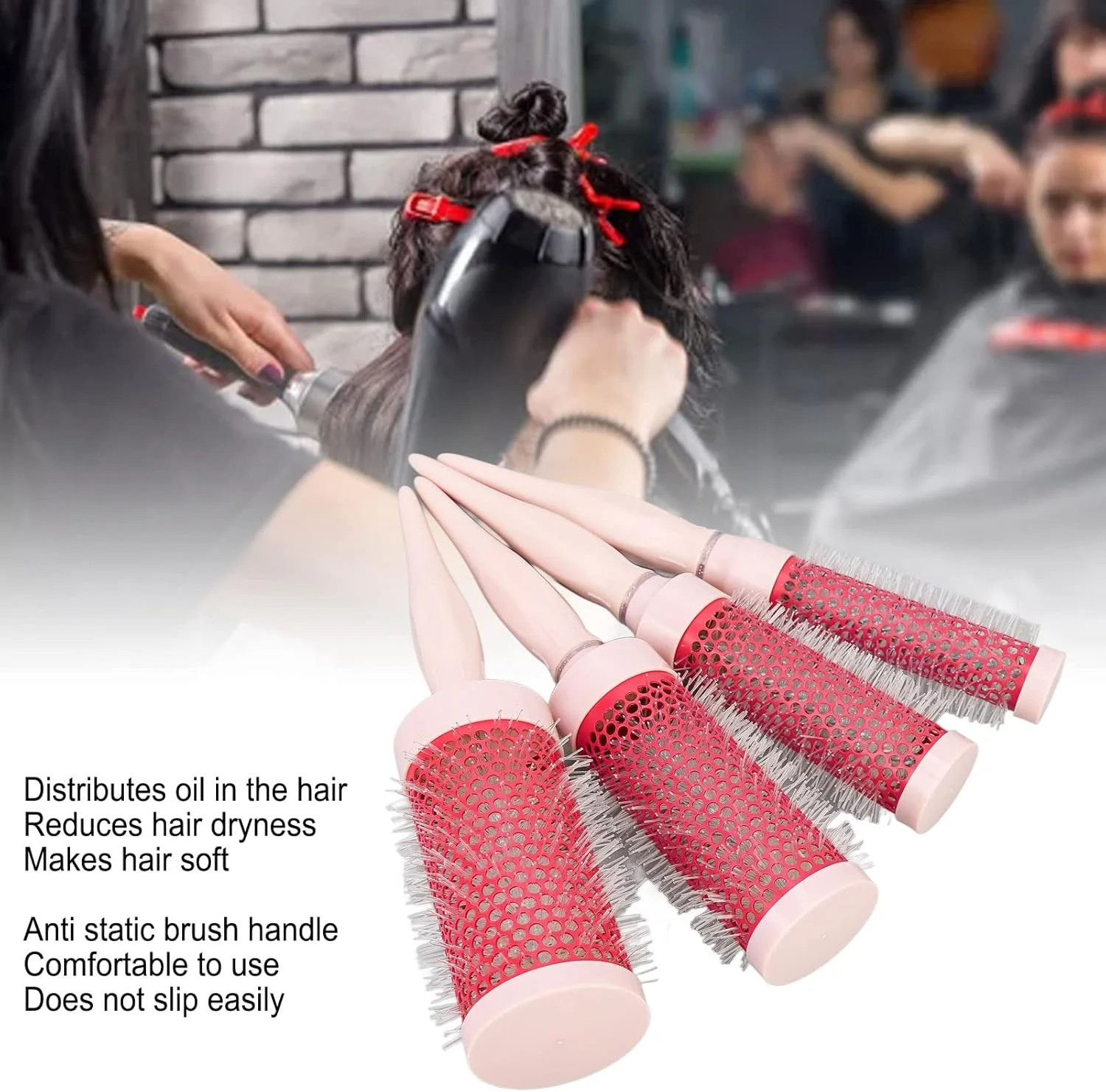 ست برس فر کننده مو صورتی رز، ست 4 عددی برس موی گرد نایلونی خشک کننده سریع، برس مو برای حالت دادن و فر کردن مو با سشوار، برس گرد چرخشی برای سالن منزل، ابزار برس مو