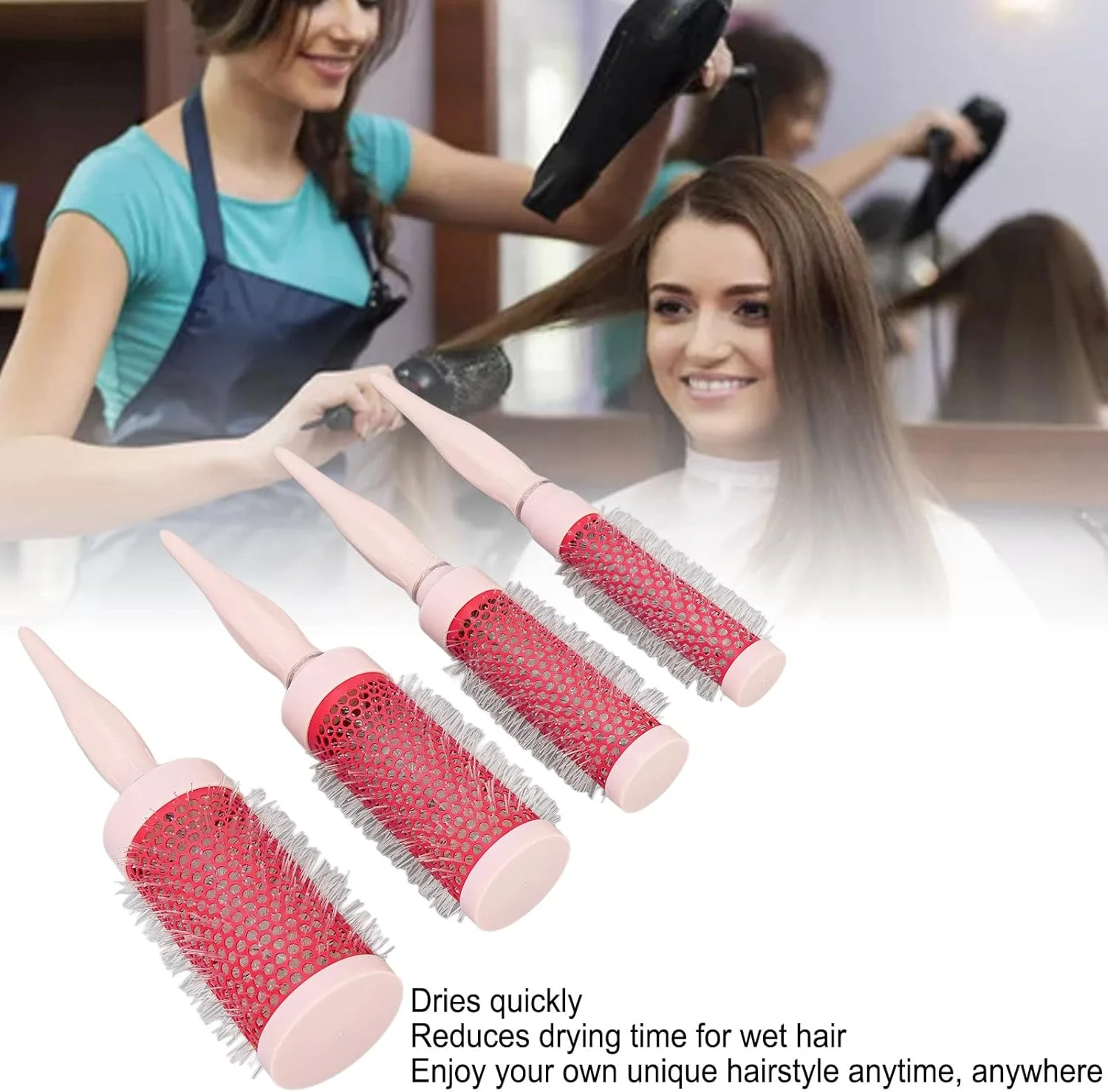 ست برس فر کننده مو صورتی رز، ست 4 عددی برس موی گرد نایلونی خشک کننده سریع، برس مو برای حالت دادن و فر کردن مو با سشوار، برس گرد چرخشی برای سالن منزل، ابزار برس مو
