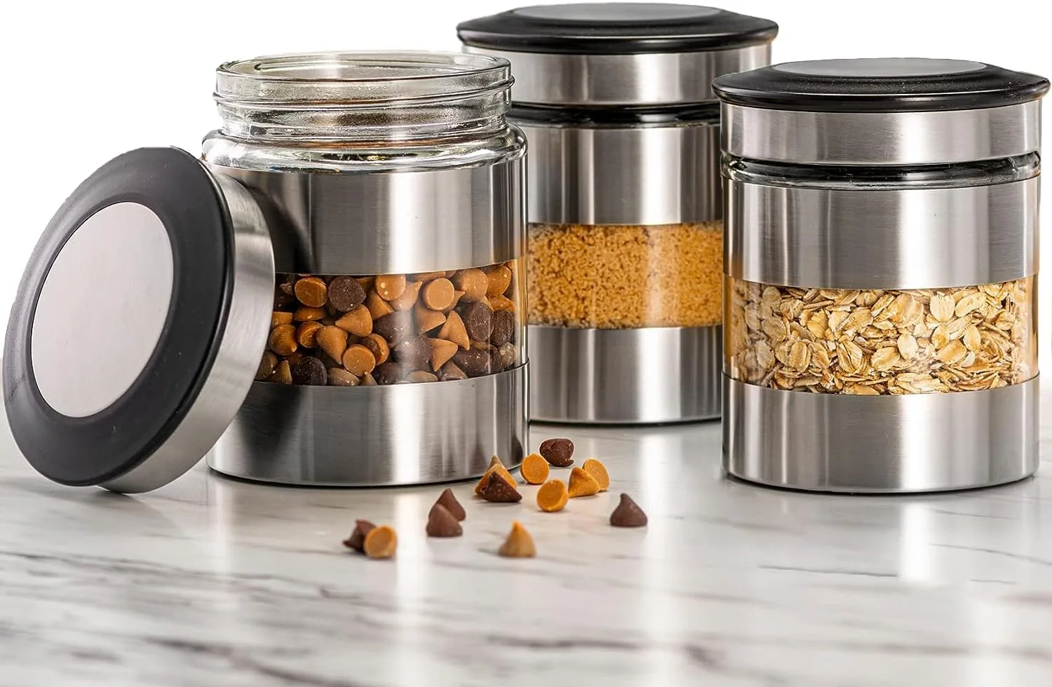 ظروف نگهداری مواد غذایی درب دار Le'raze مناسب برای نگهداری مواد غذایی در آشپزخانه، [ست 3 عددی]، ایده آل برای آرد، چای، شکر، قهوه، آبنبات، کوکی و غیره...