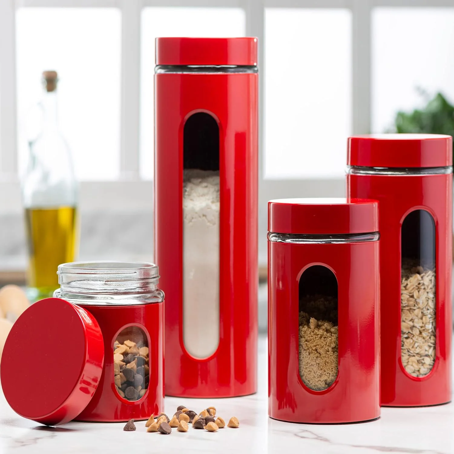 ست ظروف استیل ضد زنگ قرمز مدرن با کیفیت Le'raze برای پیشخوان آشپزخانه با پنجره شیشه ای و درب های هواگیر - ظروف نگهداری مواد غذایی با درب های هواگیر - ست نگهداری و سازماندهی مواد غذایی